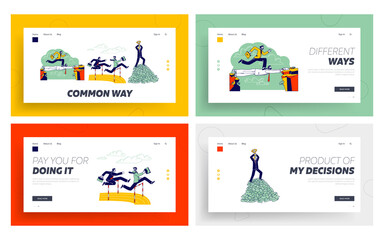 Obraz na płótnie Canvas Social Climber Landing Page Template Set. Careerist Business Man Character Jump over Barrier. Businessman Walk on Colleague Head Stand on Top of Money Pile with Cup. Linear People Vector Illustration