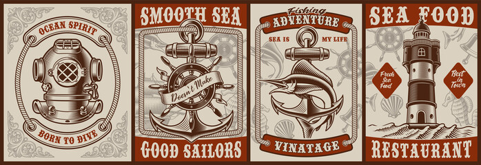 Set of vintage posters on the theme nautical with a diver helmet