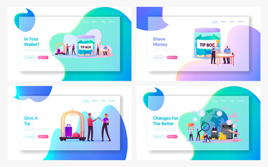 Macroeconomics, Hospitality, Hostess Landing Page Template Set. People Paying Tips to Service Staff in Restaurant and Hotel. Tiny Characters Finance Gdp Money Budget Rate. Cartoon Vector Illustration