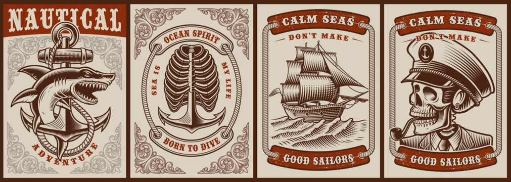 Set of color posters on the theme nautical with a vintage ship, skull captain, shark.
