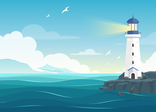 Vector illustration of beautiful blue sea background with waves, seagulls, mountains and lighthouse. Beacon in ocean for navigation illustration. Island landscape.