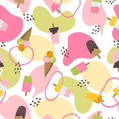 Foto op Aluminium Colorful fun summer seamless pattern with colorful popsicale and ice cream and abstract shapes and blobs. Beach and summertime vacation holidays repeating background for fabric, textile, branding © saltoli