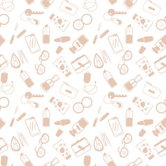Seamless pattern with stylish women's accessories for daily use.
Colored vector background of women's little things in flat style.