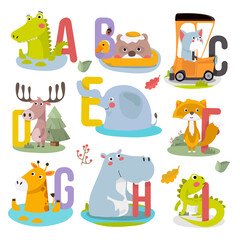 Animal alphabet graphic A to I. Cute vector Zoo alphabet with animals in cartoon style.