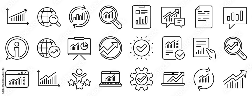Poster set of chart, report document and graph icons. analytics, statistics line icons. data analytics, pre