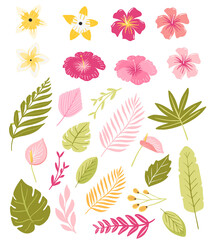 Naklejka premium Set of exotic tropical flowers, leaves and branches. Summer tropical bright greenery clipart illustration in vector scandinavian style for decorating poster, card, party invitation design
