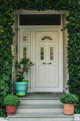 White front door of house in Meteora, Greece