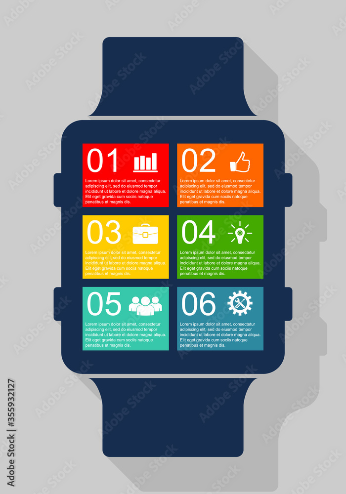 Poster infographic vector template on mobile smartwatch screen, flat design vector illustration