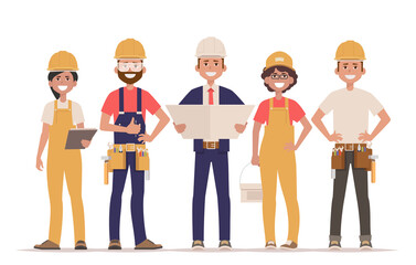 Team of builders. Technician, builders and engineers. Labor Day. Vector illustration isolated on white background