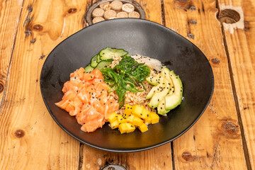 Hawaiian Poke Bowl on wooden table