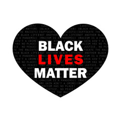 Black Lives Matter grunge rubber stamp on black and red heart shape background. Inspirational quote for motivational racism has no place and Police violence. I can't breathe.