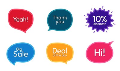 Big sale, 10% discount and Deal of the day. Colorful chat bubbles. Thank you phrase. Sale shopping text. Chat messages with phrases. Texting thought bubbles. Vector
