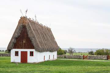 An old thatched roof barn on Faro Island, Sweden