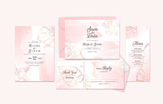 Golden wedding invitation card template suite with floral outline and watercolor brush stroke. Abstract background for save the date, greeting, rsvp, menu, and thank you design