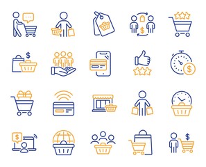 Buyer customer line icons. Contactless payment card, shopping cart and group of people. Store, buyer loyalty card, client ranking set icons. Shopping timer, phone payment, currency. Vector