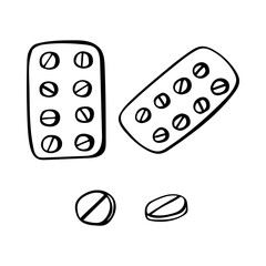 Set with blisters and round pills, simple hand drawn vector illustration in black and white