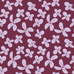 Lilac seamless pattern. Hand drawn flowers on purple background. Find a five-leafed floret. Vector illustration.