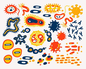 Different kinds of microorganisms on white background. Viruses. Bacteria biology organisms isolated on white background. Flat vector illustration.