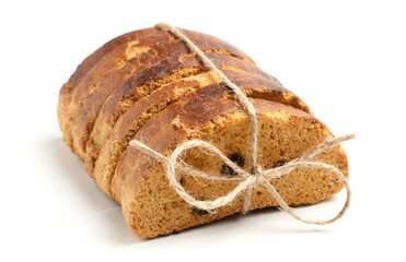 Sweet rusks with raisins sprinkled with sugar on a white background. Isolated image, a concept for your design.