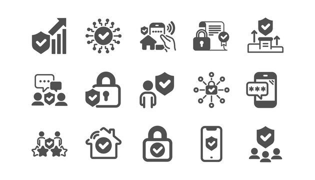 Security icons set. Cyber lock, password, unlock. Guard, shield, home security system icons. Electronic check, firewall. Internet protection, phone password. Quality set. Vector