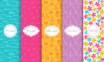 Set of Cute bright seamless child patterns. Vector illustration bright design. Abstract seamless hand drawn patterns on vibrant background. Baby shower invitation - 355935131
