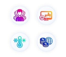 Thermometer, Group and Candlestick chart icons simple set. Button with halftone dots. World money sign. Thermostat, Headhunting service, Report analysis. Global markets. Business set. Vector