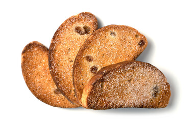 Sweet rusks with raisins sprinkled with sugar on a white background. Isolated image, a concept for your design.