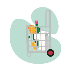 groceries in shopping basket with wheels block style
