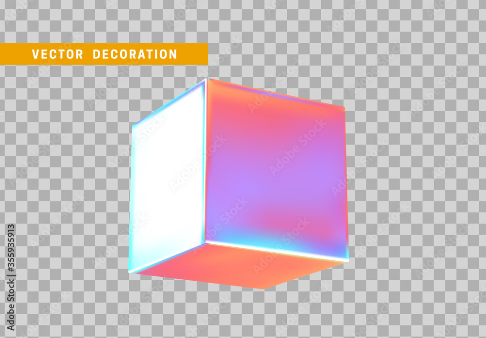 Poster cube is three-dimensional geometric shape isolated with colorful hologram chameleon color gradient. 