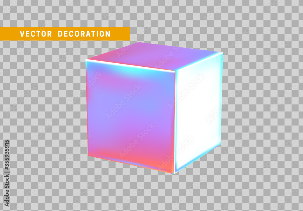 Poster cube is three-dimensional geometric shape isolated with colorful hologram chameleon color gradient. 