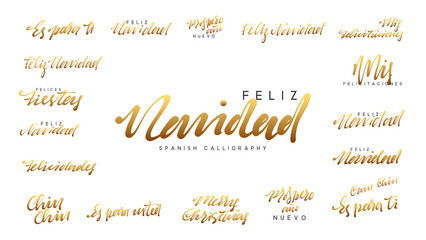 Spanish lettering Feliz Navidad, Felices Navidades, Mis felicitaciones. Merry Christmas and Happy New Year, golden Handwritten lettering text calligraphy. vector illustration © lauritta