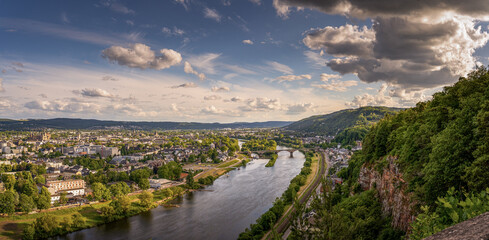 Panorama of Trier with the river Mosel and mountains  - obrazy, fototapety, plakaty