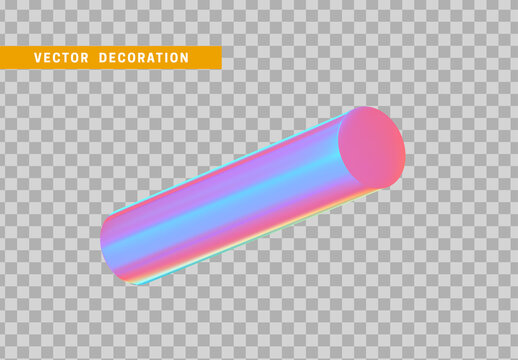 Cylinder 3d Objects Geometric Shape. Round Timber Isolated With Colorful Hologram Chameleon Color Gradient. Vector Illustration