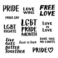 Vector set illustration hand drawn quote gay pride lettering and rainbow spectrum flag, lips isolated on white background.  LGBT rights concept. Design for banner, card, print, textile
