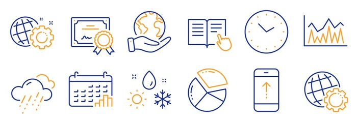 Set of Science icons, such as Pie chart, Weather. Certificate, save planet. Calendar graph, Seo gear, Rainy weather. Swipe up, Read instruction, Time. Globe, Investment line icons. Vector