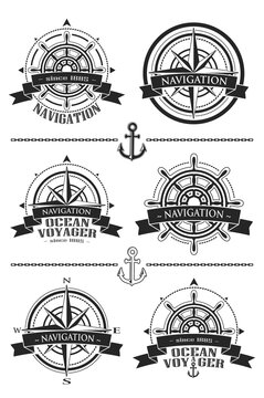 Nautical logos set. Corporate logos with windrose and steering wheel. Emblems with compass roses and banners isolated on white backgriund. Navigation symbol. Vector illustration.