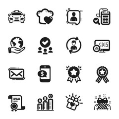 Set of Business icons, such as Human resources, Messenger mail. Certificate, approved group, save planet. Bill accounting, Love gift, Love cooking. Report statistics, Gift, Developers chat. Vector