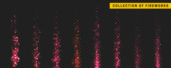 Set festive fireworks isolated on transparent background