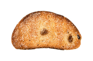 Sweet rusk with raisins sprinkled with sugar on a white background. Isolated image, a concept for your design.
