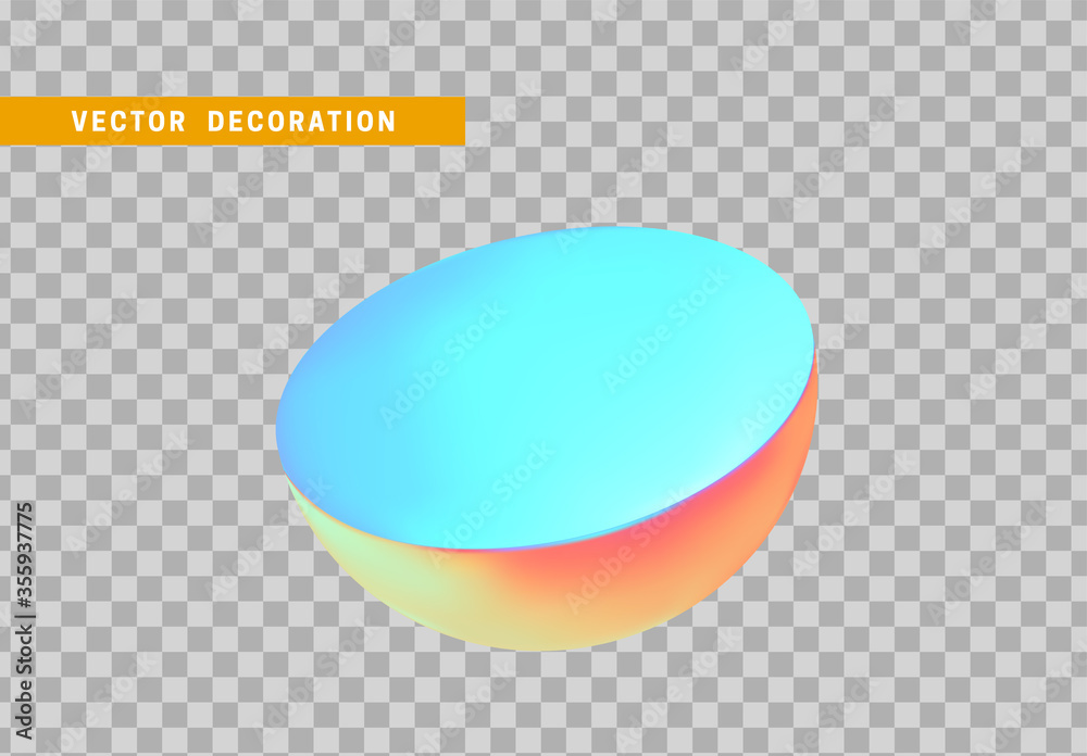 Poster semi sphere isolated with colorful hologram chameleon color gradient. 3d objects geometric shape. ve