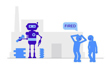 Robot makes the detail and fired employees. Flat vector illustration, design job loss concept. Template for website, landing page
