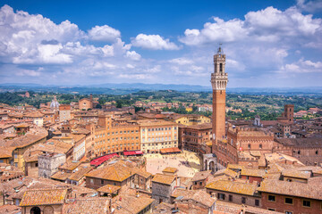 Fototapeta premium Piazza del Campo z wieżą Torre del Mangia w Sienie.
