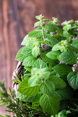 Green fresh mint on the wooden table