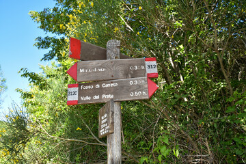 Track signs at the crossroads of multiple mountain trails