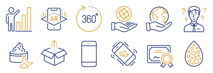 Set of Business icons, such as Support consultant, 360 degrees. Certificate, save planet. Smartphone, Night cream, Augmented reality. Call center, Graph chart, Artificial colors. Vector