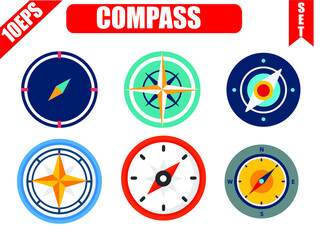 Compass marine orientation navigational instrument icon flat set isolated vector illustration