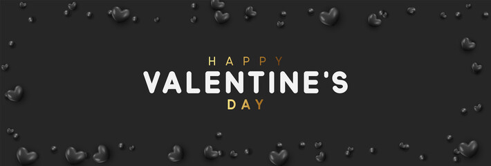 Fototapeta na wymiar Background with black hearts and round beads. Happy Valentines Day vector illustration.