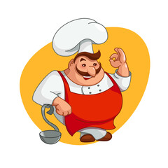 Chef illustration. Smiling man character on kitchen in chef's hat. Cooking tasty food, ok hand gesture sign, isolated on white background. Funny cute cartoon for menu, logo cook, flat style, vector