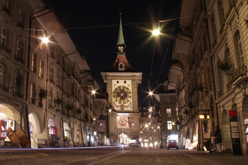 Fototapeta na wymiar Bern / Switzerland - January 8, 2020: old city street at night
