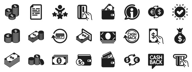 Set of Banking, Wallet and Coins icons. Money icons. Credit card, Currency exchange and Cashback money service. Euro and Dollar, Cash wallet, exchange. Banking credit card, atm payment. Vector